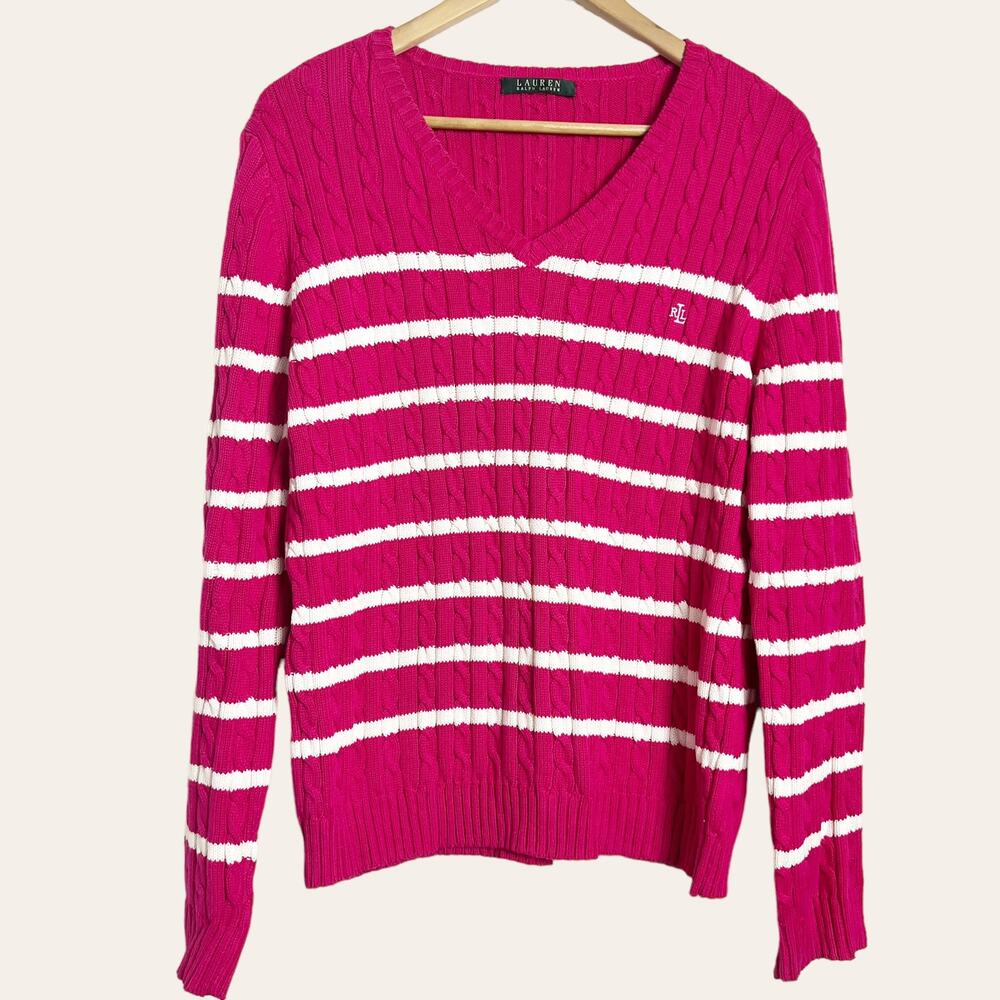 Lauren Ralph Lauren Pink Cable Knit Striped V-Neck Pullover Sweater Size L